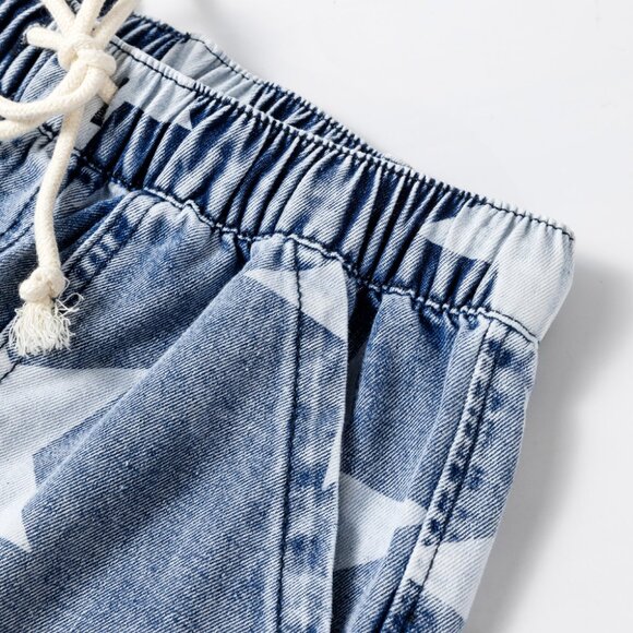 B274 Light Blue Star Print Light Wash Drawstring High Waist Wide Leg Jeans - Picture 11 of 12